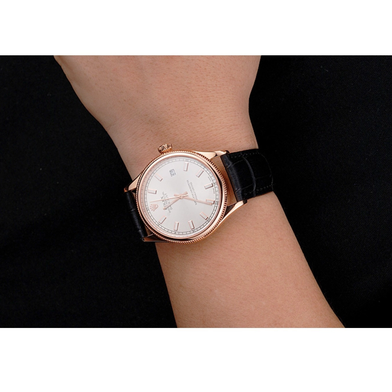 AAA Replica Watches Rose Dial White Leather Case Black Strap Swiss Gold Rolex Datejust 0709